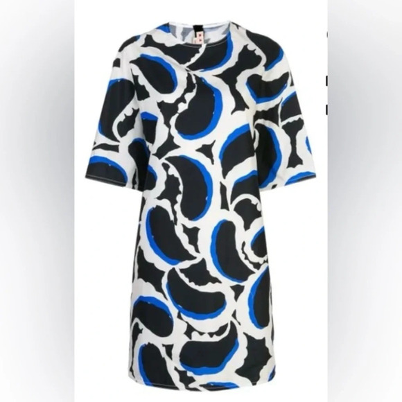 Marni 1/2-sleeve Paisley Poplin Shift Dress In Blue - Picture 1 of 12